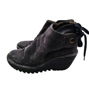 Fly London Wedge Booties Yama Slouch Tie Back Ankle Boots Grey Suede EU Size 38